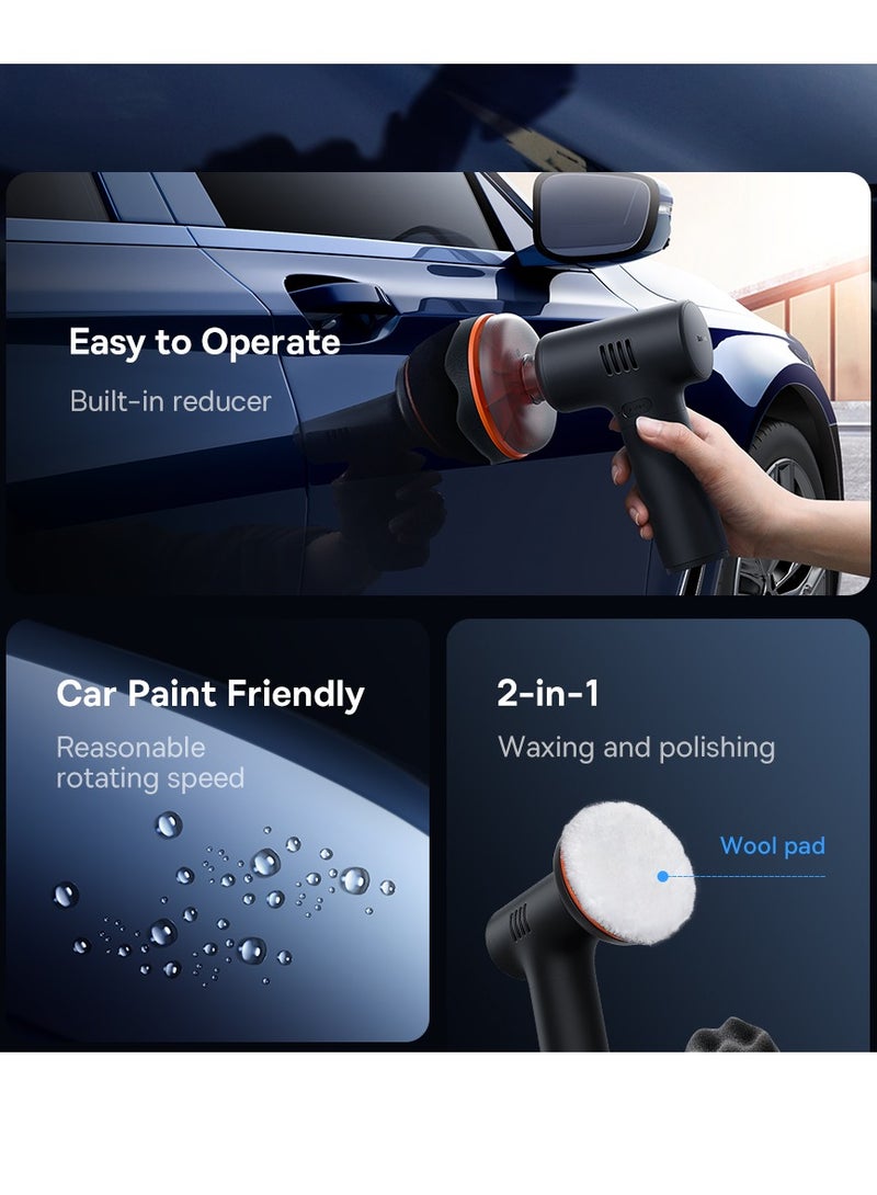 بيسوس جهاز تلميع سيارات قابل لإعادة الشحن – ميني جهاز تلميع سيارات لاسلكي كهربائي، خفيف الوزن ومضغوط لتلميع وتلميع السيارات، بطارية ٤٠٠٠ مللي أمبير، ٣٠٠ دورة في الدقيقة عالية السرعة لتلميع الشمع، إزالة الخدوش، تشطيب الطلاء – أسود - Image 5